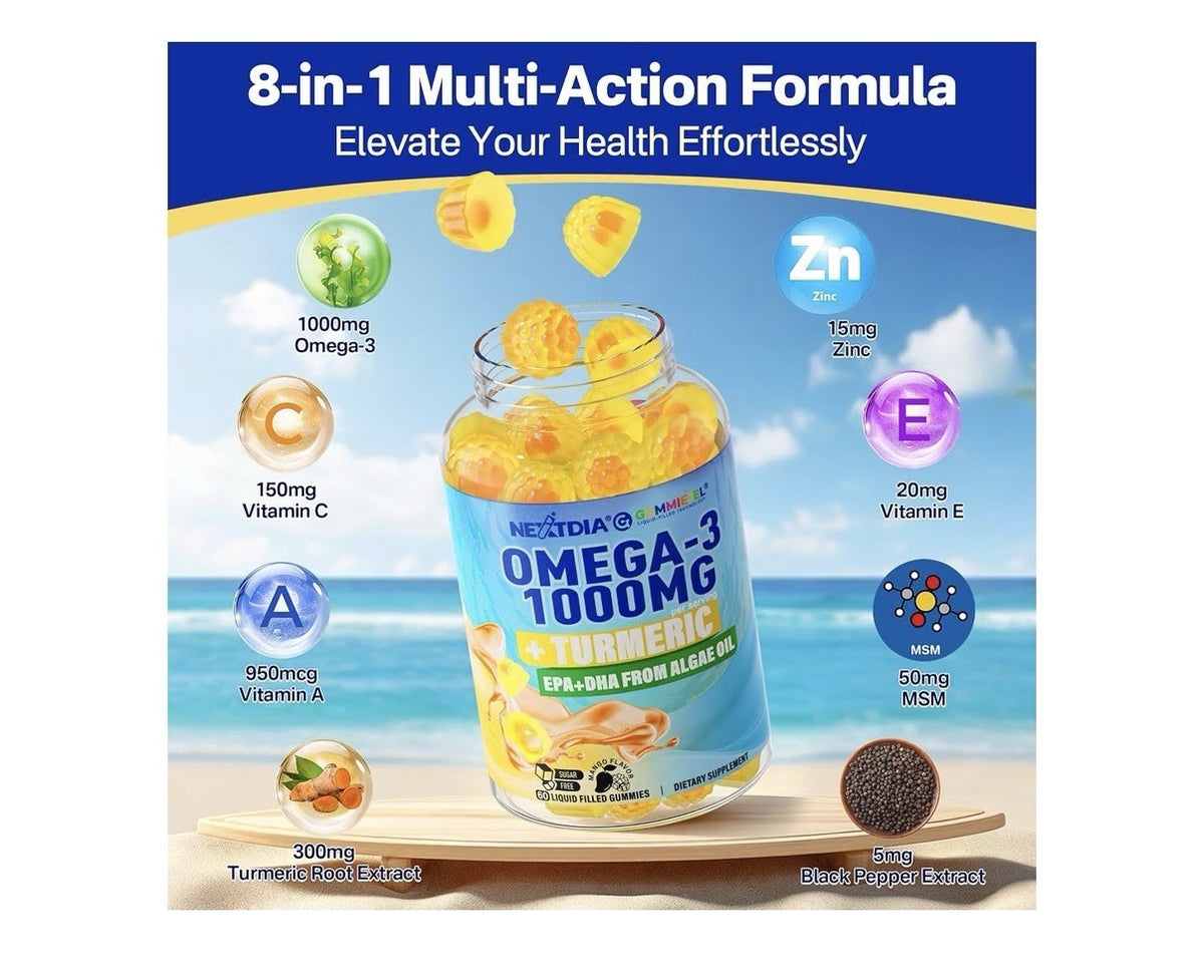 Nextdia Omega-3 Gummies 1000mg + Turmeric EPA + DHA From Algae Oil 2 Pack