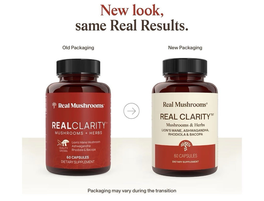 Real Mushrooms RealClarity Lion’s Mane KSM-66 Ashwagandha Rhodiala Bacopa 60Caps
