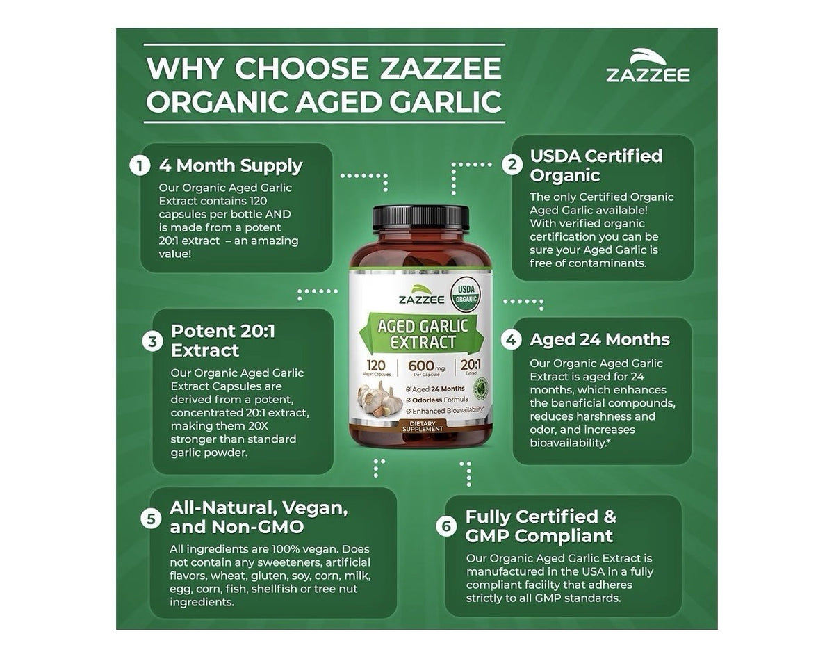 Zazzee Organic Aged Garlic Extract Aged 24 Months Immune Circulation 120capsules