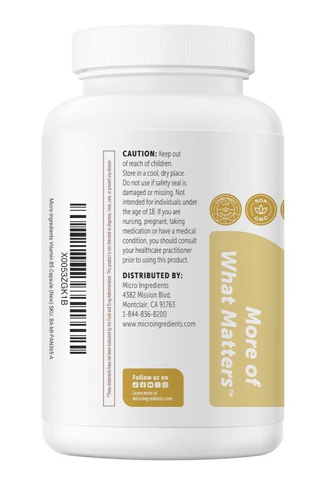 Micro Ingredients Pantothenic Acid Vitamin B5 500 mg Per Serving 365 Capsules