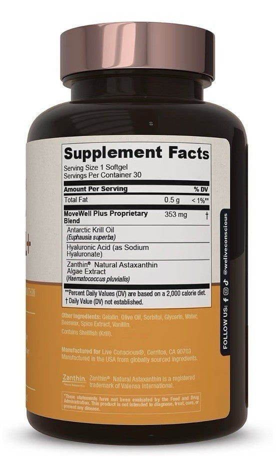 Live Conscious MOVEWELL + Joint Comfort Flexibility Cartilage Health 30 Softgels