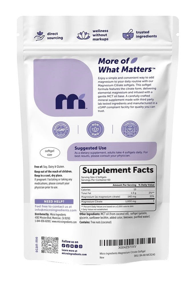 Micro Ingredients Magnesium Citrate 1,000 mg Per Serving 240 Softgels