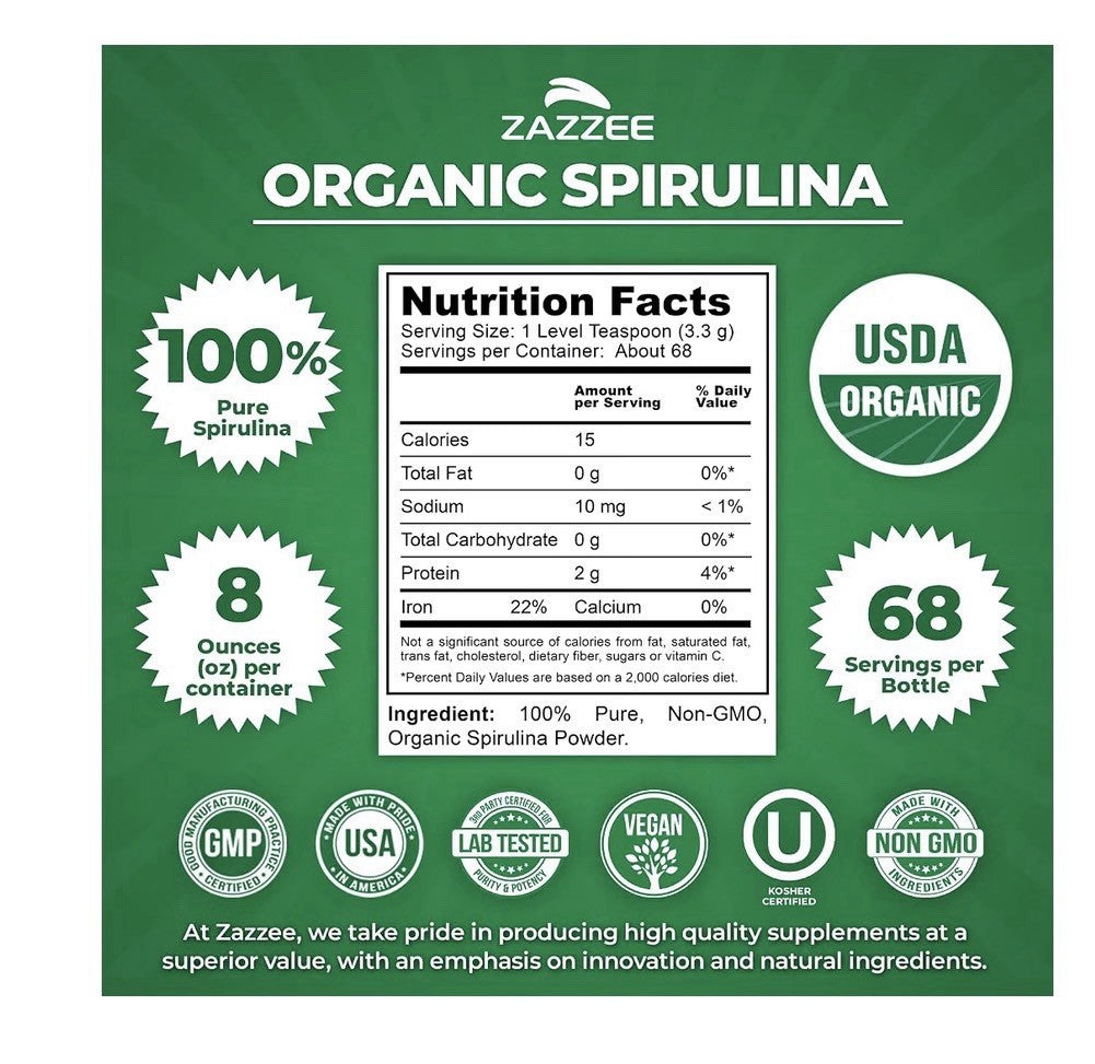 Zazzee Organic Spirulina Powder Pure Superfood 8 oz 68 Servings