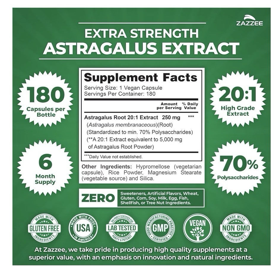 Zazzee Astragalus 70% Polysaccharides Traditional Tonic Herb Liver Support 180ca
