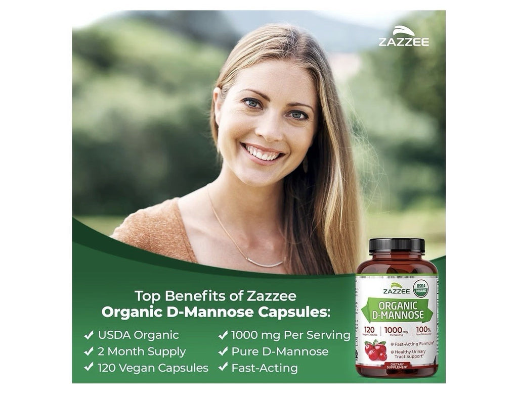 Zazzee Organic D-Mannose 1000 mg Urinary Tract Bladder Support 120 Veg Capsules