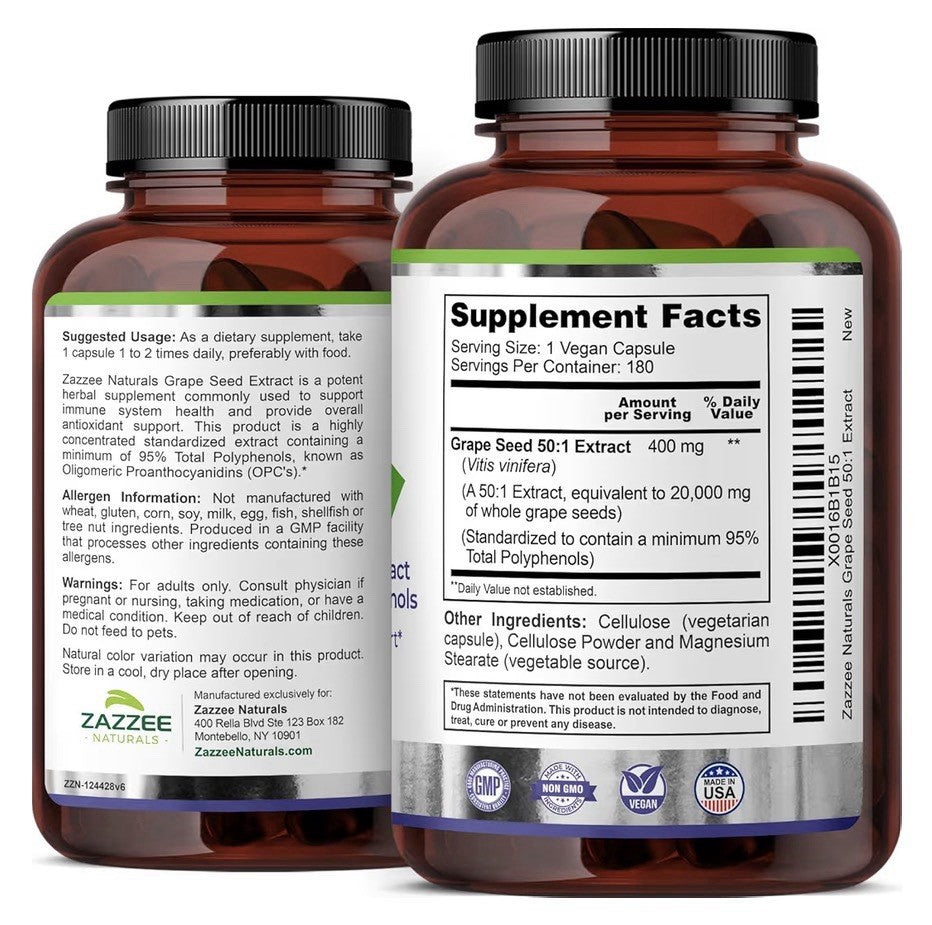 Zazzee Grape Seed Extract 95% Polyphenols Antioxidant Immune Support 180capsules