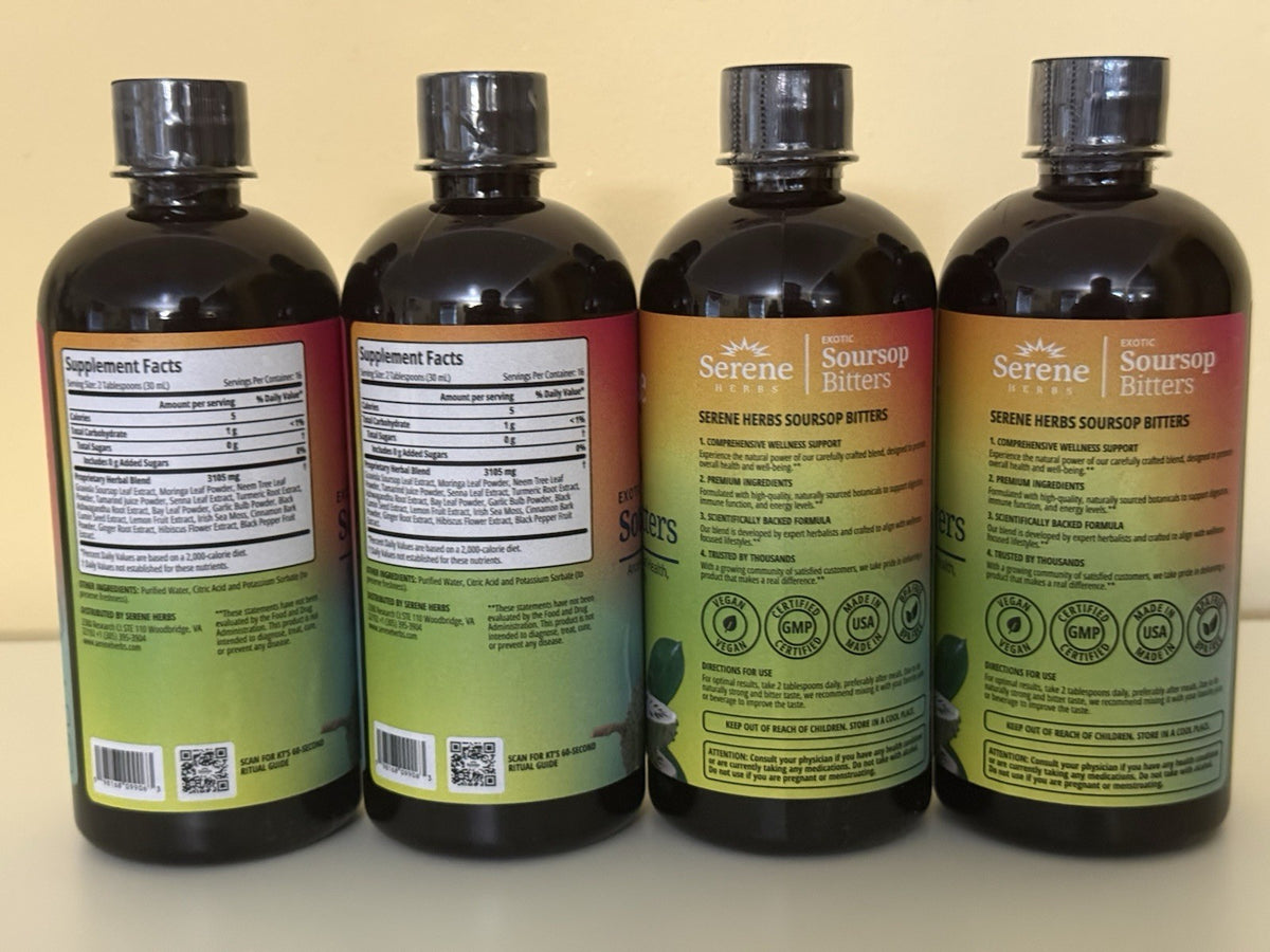 4 Pack Serene Herbs Exotic Soursop Bitters Liquid Gut Health Detox Vitality