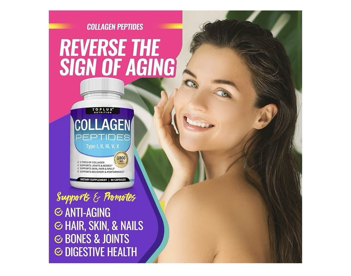 2 Pack Toplux Collagen Peptides Type I, II, III, V, X For  Women & Men