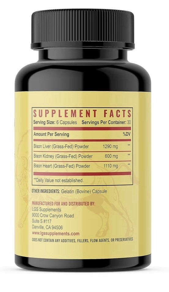 LGS Supplements Grass Fed Bison Organ Supplement For Whole Body Wellness 180caps