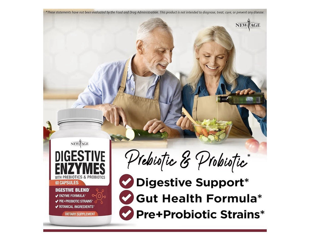 NEW AGE Digestive Enzymes for Gut Digestive Health Probiotic Prebiotics 60 Caps