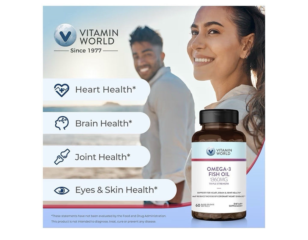 Vitamin World Omega 3 Fish Oil 1360 mg Triple Strength Supplement 60 Softgels