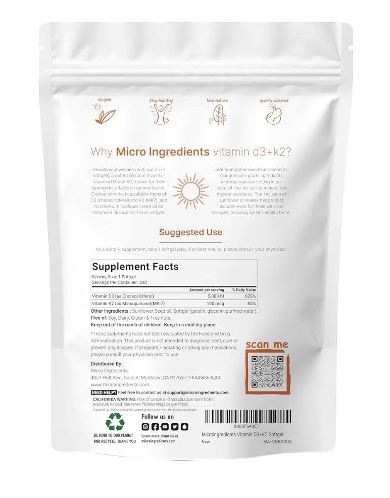 Micro Ingredients Vitamin D3 + K2 MK-7 5,000 IU D3 Per Serving 2 Pack