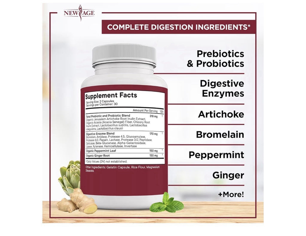 NEW AGE Digestive Enzymes for Gut Digestive Health Probiotic Prebiotics 2 Pack
