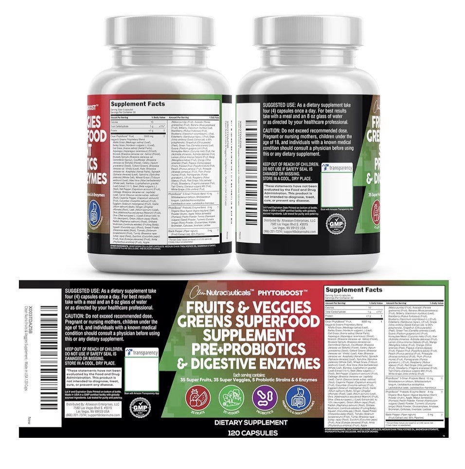 Clean Nutraceuticals Fruits and Veggies Supplement Reds & Green Superfood 120Cap