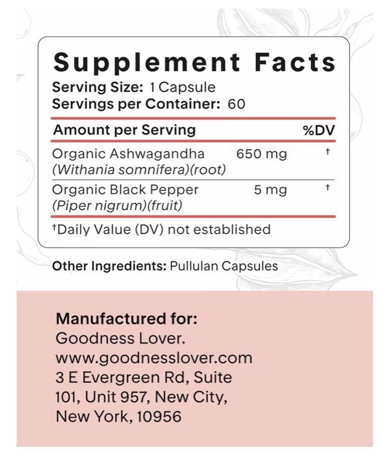 Goodness Lover Ashwagandha Supplement Nervous System Hormone Balance Support 60c