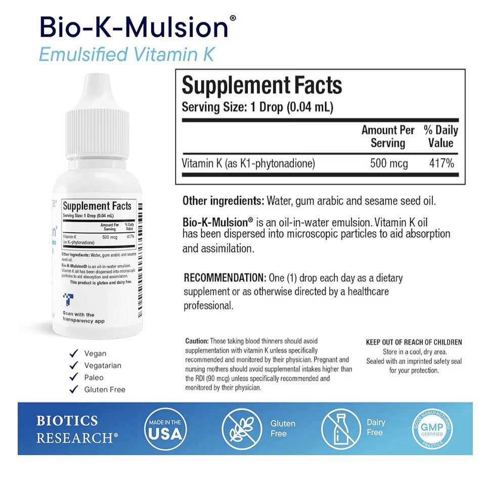 Biotics Research Bio K Mulsion Vitamin K Liquid Drops Bone Vascular Immune 1oz