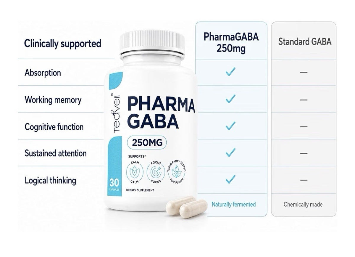 Teaveli Pharma GABA 250mg Calm Relaxation Focus Sleep Fermented GABA 30 Capsules