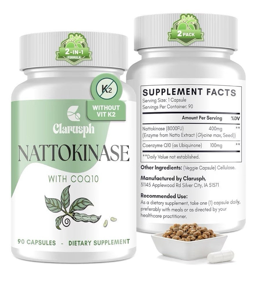 Clarusph Nattokinase With CoQ10 Supplement Circulation Supplements 180 Capsules