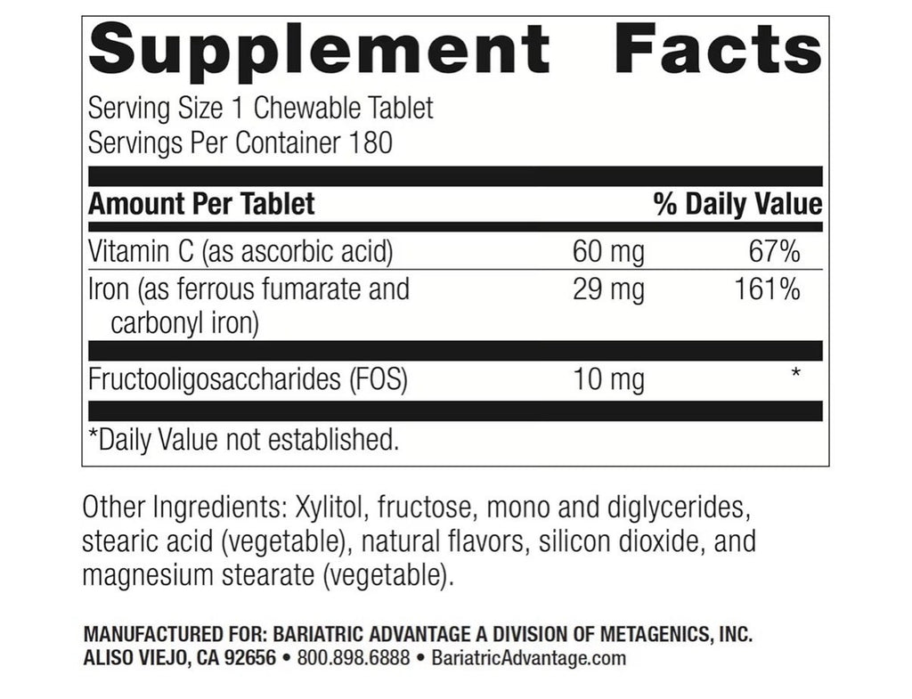 Bariatric Advantage Chewable Iron 29 mg for Bariatric Surgery Patients 180Tablet