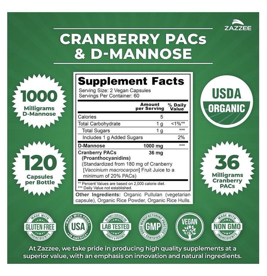 Zazzee Cranberry PACs & D-Mannose Urinary Tract Bladder Support 2 Month Supply