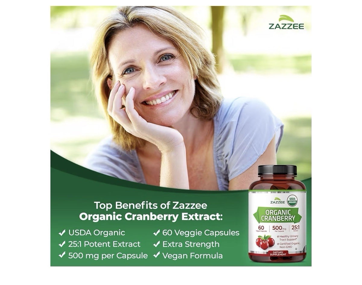 Zazzee Organic Cranberry Healthy Urinary Tracy Support 2 Month Supply 60 Capsule