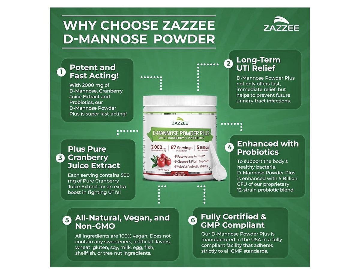 Zazzee D-Mannose Powder Plus With Cranberry & Probiotics 2000 mg 67 Servings