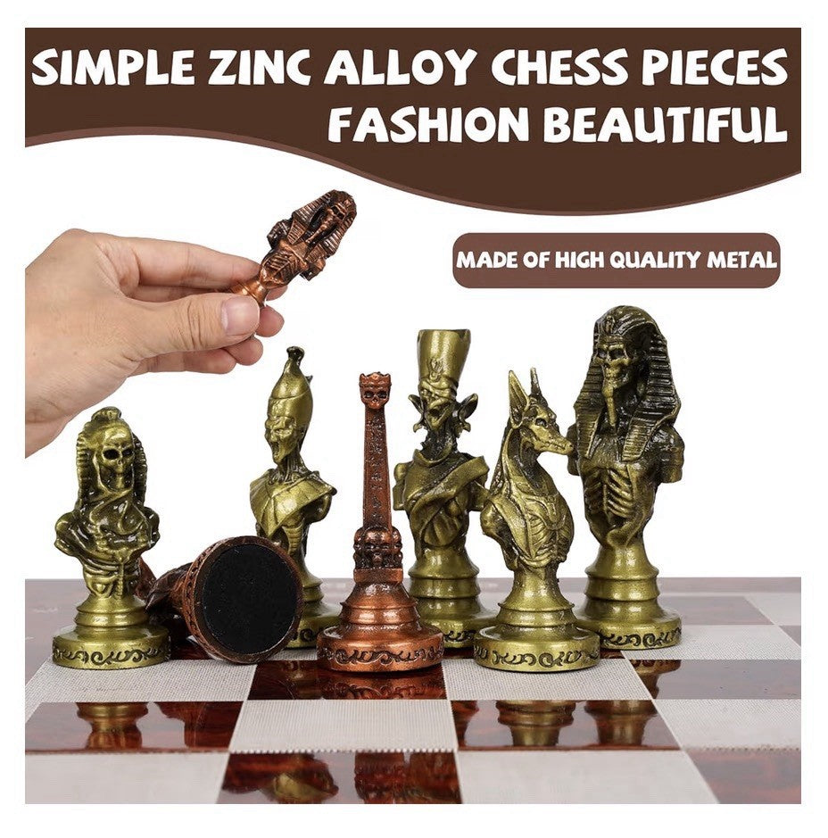Agirlgle Large Egyptian Metal Chess Set for Adults 15 Inch Foldable Wooden Board