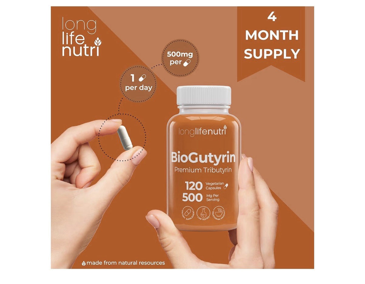 LongLifeNutri BioGutyrin Tributyrin 500mg Postbiotic Supplement 120 Capsules