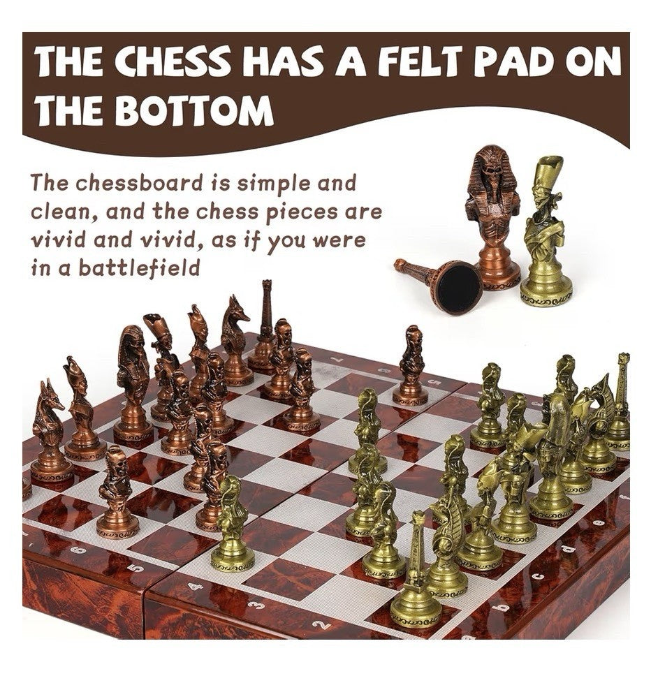 Agirlgle Large Egyptian Metal Chess Set for Adults 15 Inch Foldable Wooden Board
