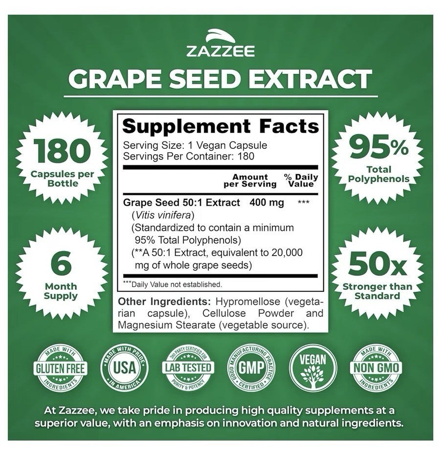 Zazzee Grape Seed Extract 95% Polyphenols Antioxidant Immune Support 180capsules