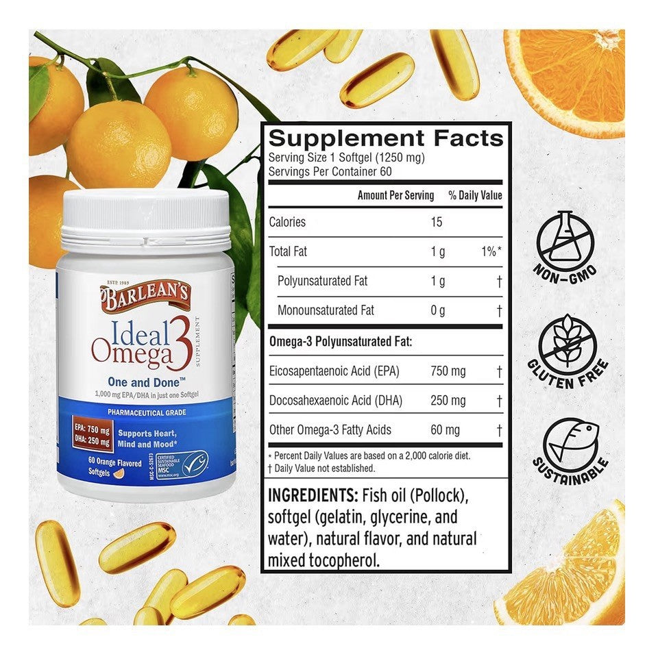 Barlean's Ideal Omega 3 Fish Oil EPA DHA Heart Mind Mood Brain Health 60softgels
