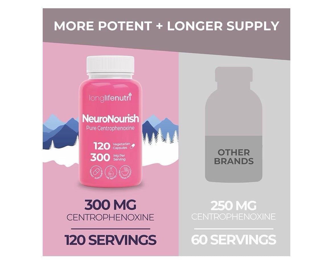 LongLifeNutri NeuroNourish (Centrophenoxine) 300mg DMAE & PCPA 120 Capsules