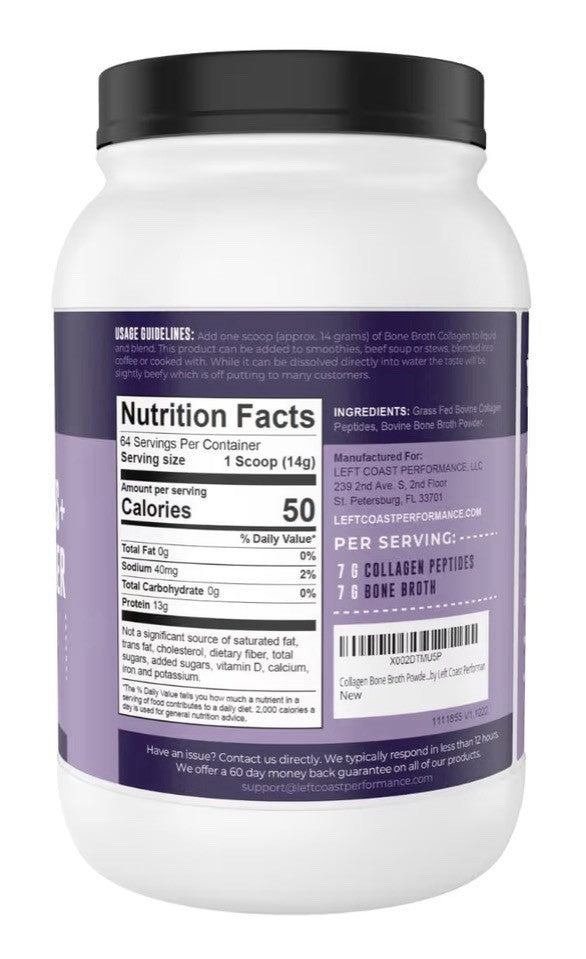 Left Coast Performance Collagen Peptides + Bone Broth Powder Grass Fed 2lb