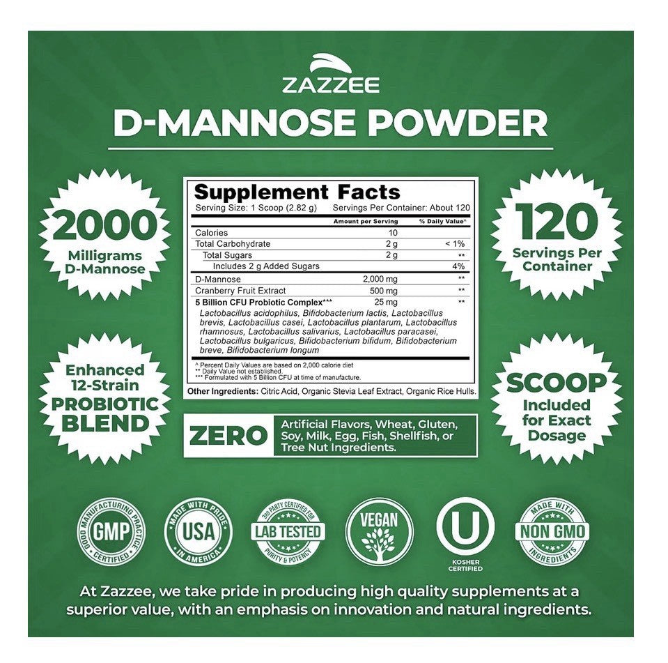 Zazzee D-Mannose Powder Plus With Cranberry & Probiotics 2000 mg 120 Servings