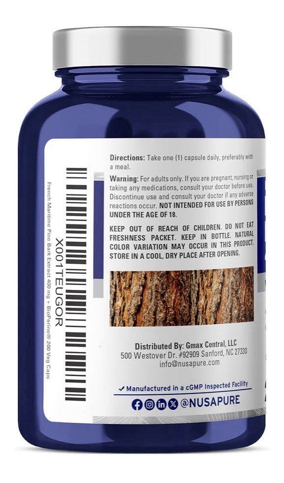 NusaPure French Maritime Pine Bark Extract 400mg 200 Veg Capsules 200 Servings