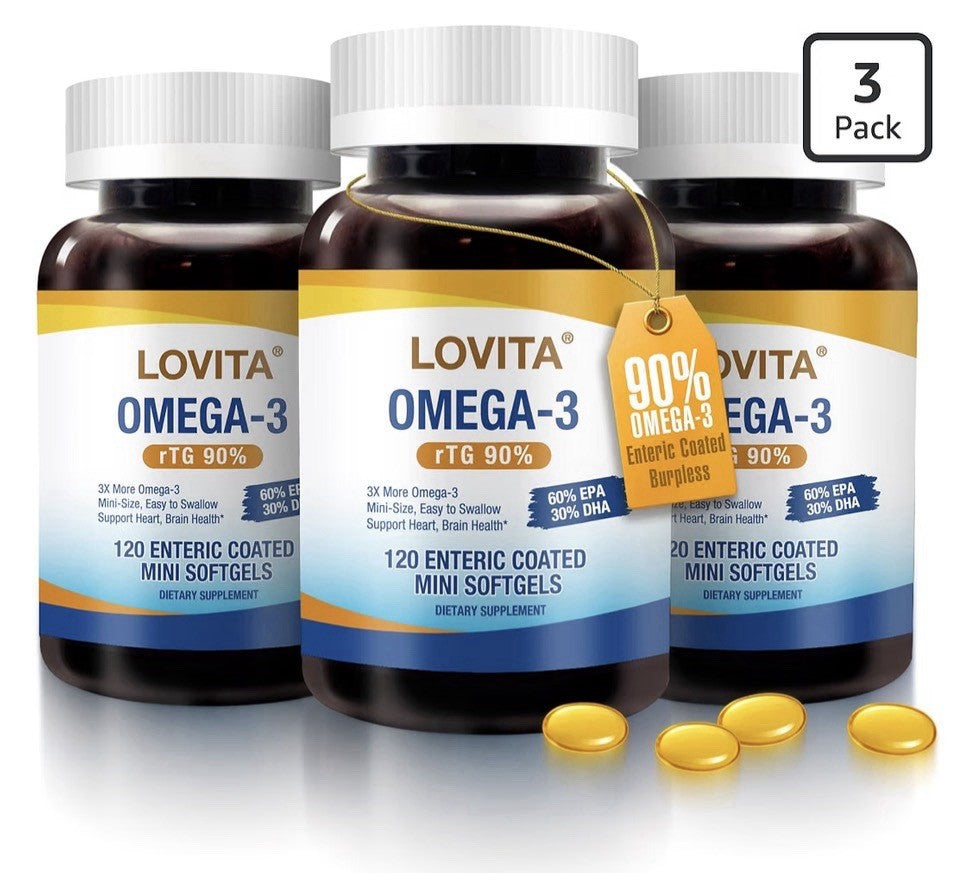 LOVITA Omega-3 Fish Oil rTG 90% Heart Brain Health Support For Women Men 3 Pqck