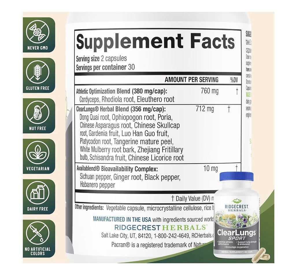 Ridgecrest Herbals ClearLungs Sport Oxygen Intake Optimize Athletic Performance