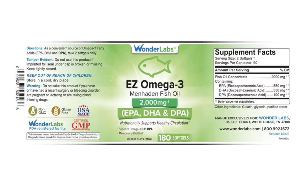 Wonder Laboratories EZ Omega-3 Atlantic Menhaden Fish Oil Supplement 2000mg 180s