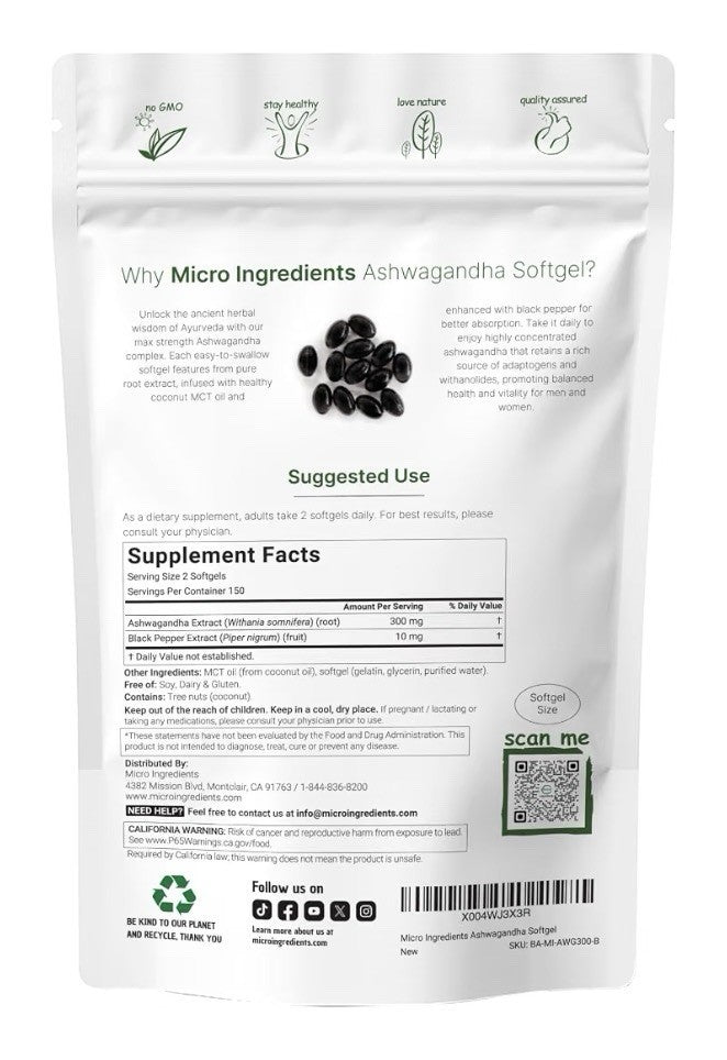 Micro Ingredients Ashwagandha Highly Bioavailability Made With Macao Oil 300sgel