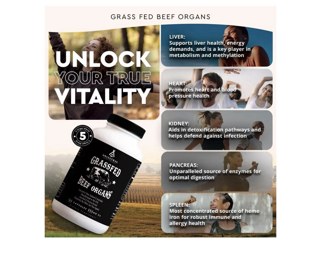 Ancestral Supplements Beef Organs Grass Fed Whole Body Wellness 180 Capsules