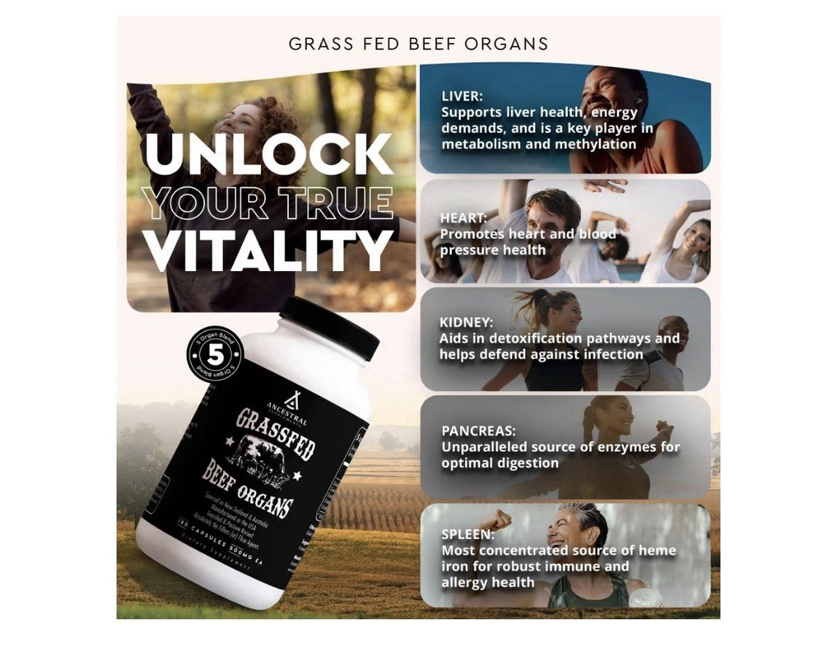 Ancestral Supplements Beef Organs Grass Fed Whole Body Wellness 180 Capsules