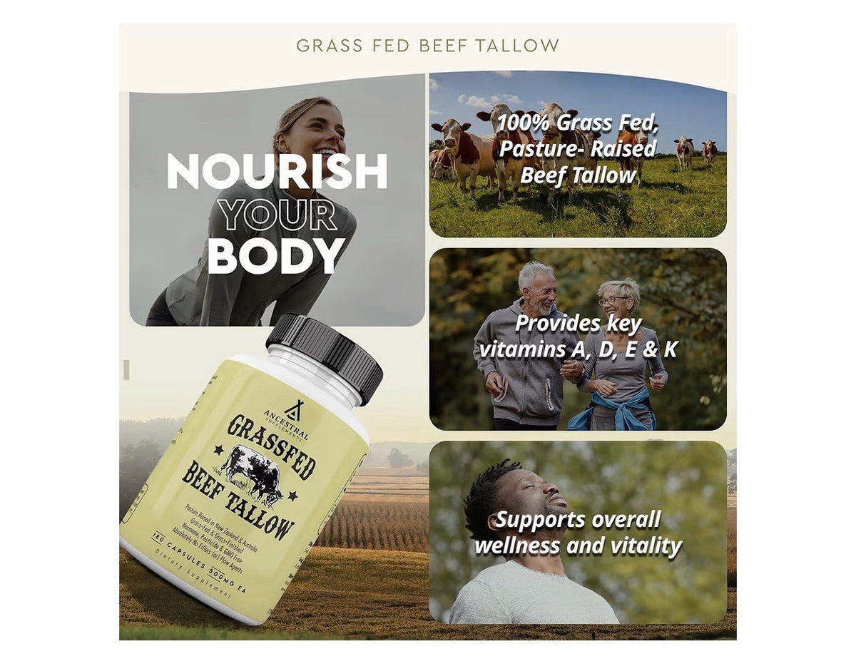 Ancestral Supplements Beef Tallow Grass Fed Pasture Raised Supplement 180capsule