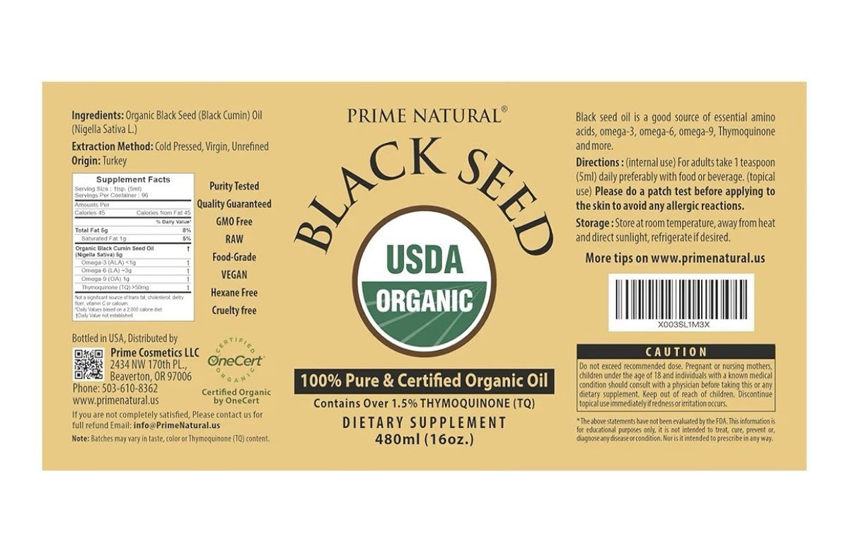 PRIME NATURAL Black Seed Oil Organic Cold Pressed Unrefined 16oz Nigella Sativa