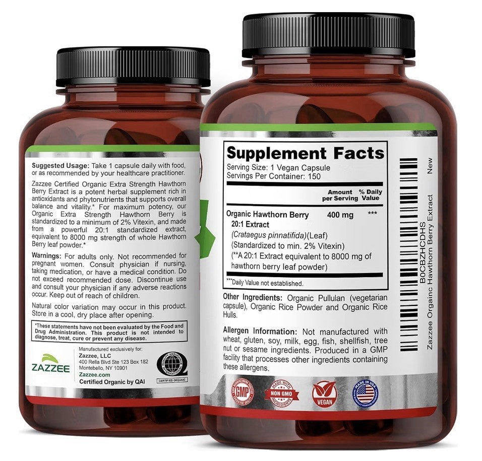 Zazzee Hawthorn Berry 2% Vitexin Balance Vitality Support 5 Month Supply 150caps