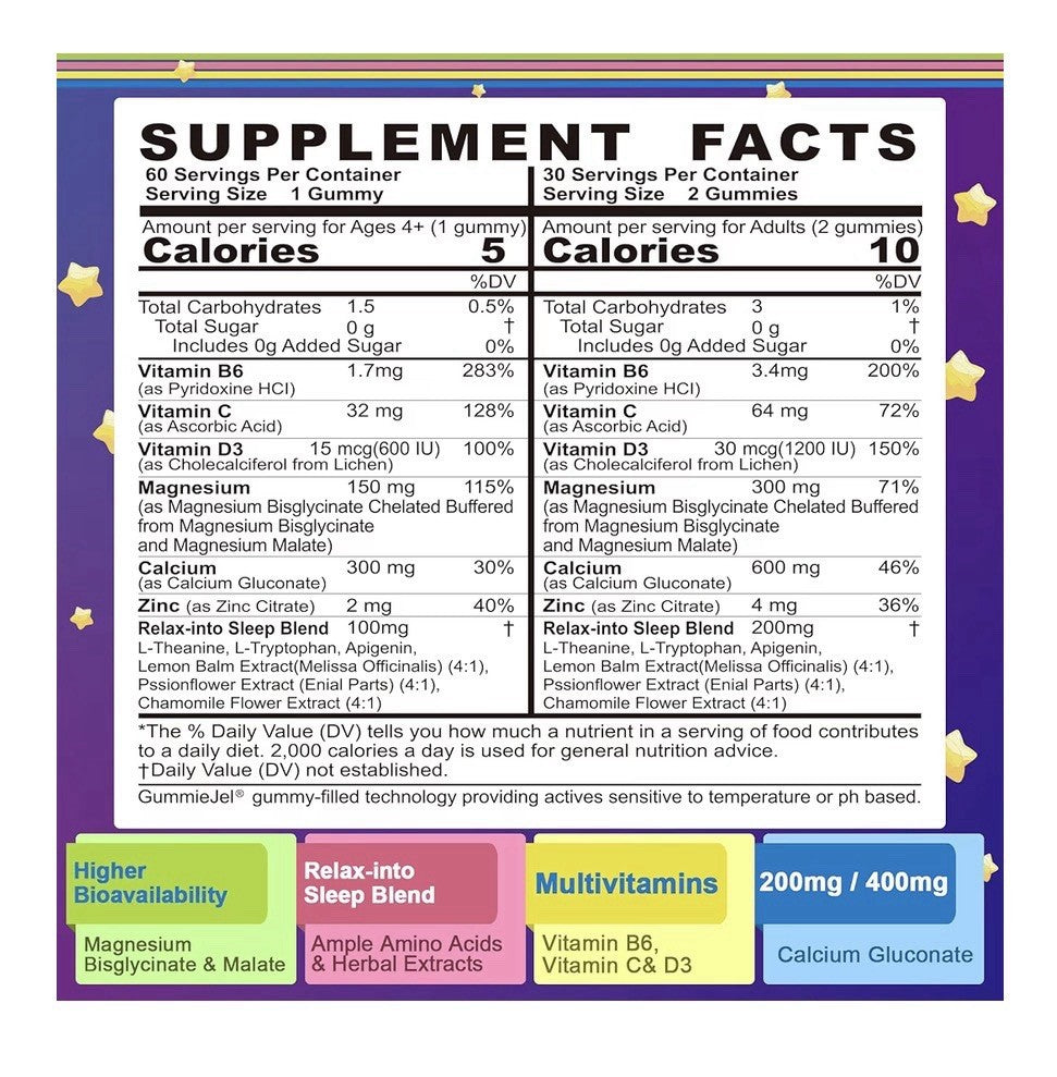 Neviss Magnesium Glycinate + Calcium Gummies Adults & Kids Natural Sleep 2 Pack