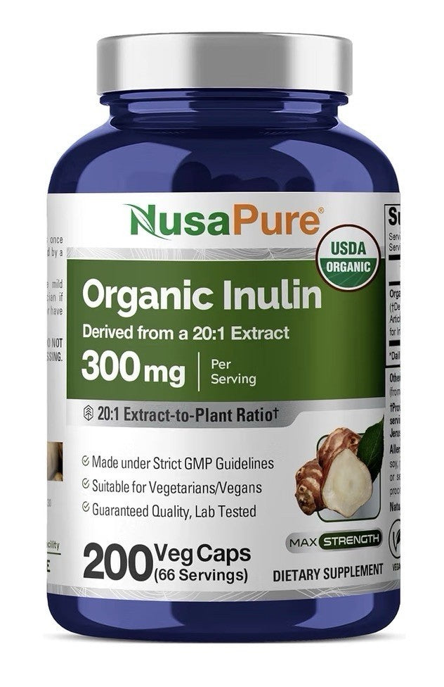 NusaPure Organic Inulin 300mg Per Serving Delivered From 20:1 Extract 200Veg Cap