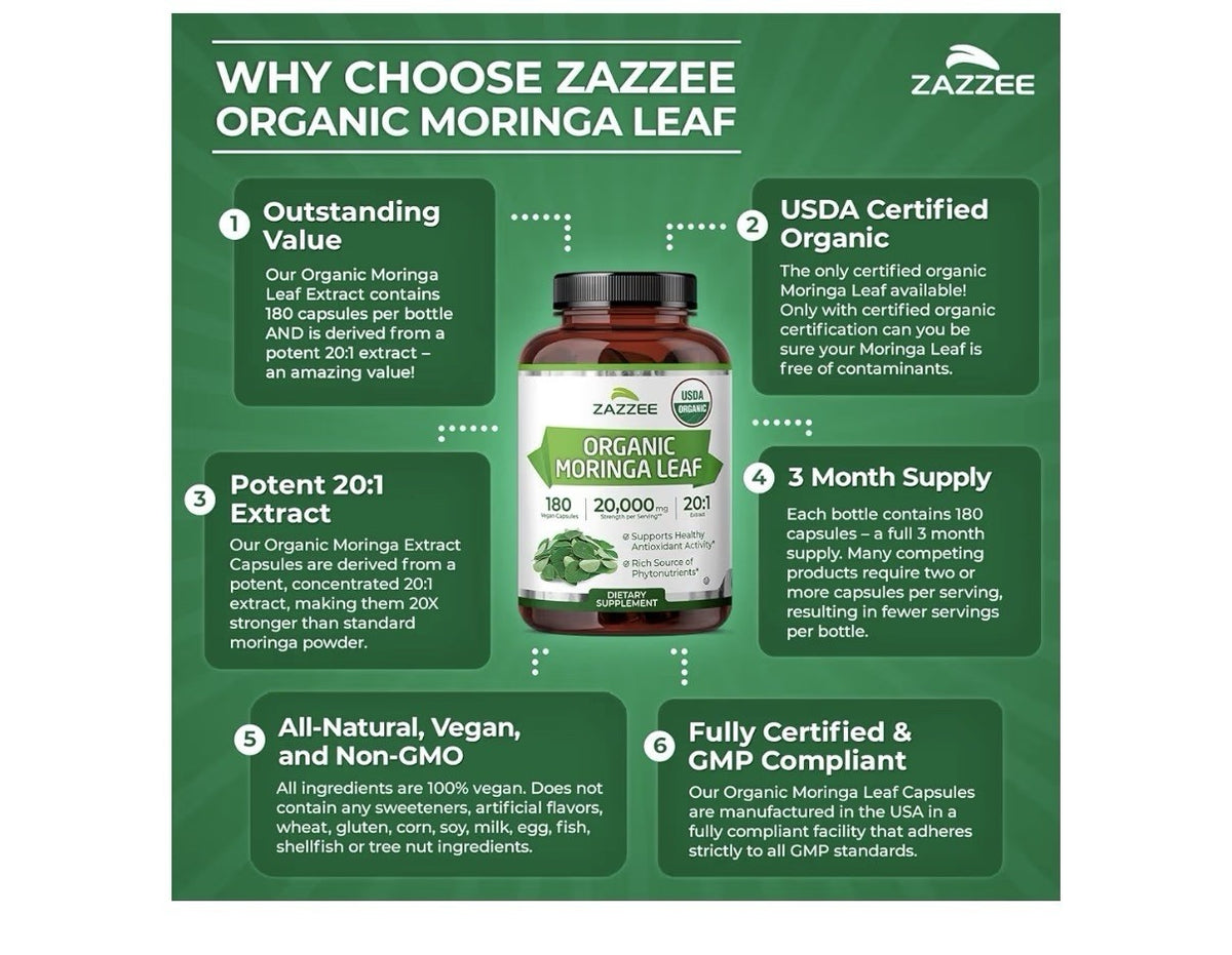 Zazzee Organic Moringa Leaf Antioxidant Rich Source of Phytonutrients 180capsule