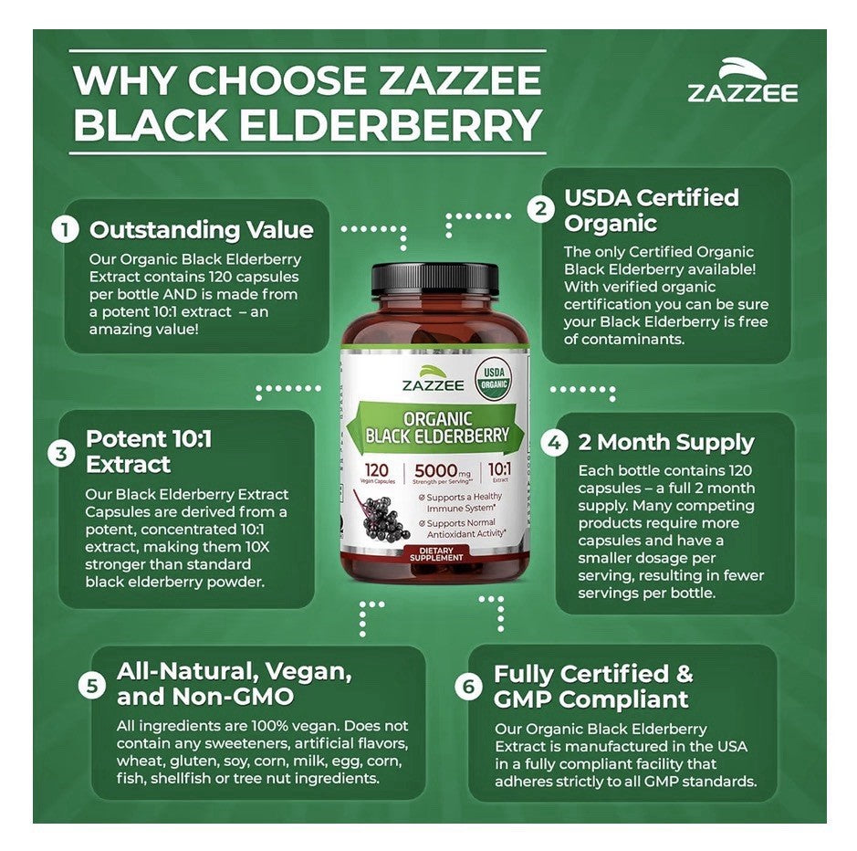 Zazzee Black Elderberry Supports Immune Antioxidant Activity 2Month Supply 120ca