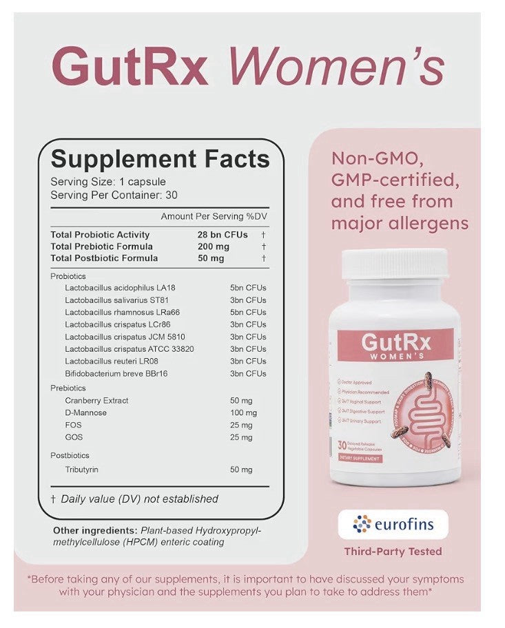 GutRX Women’s Probiotic Prebiotic Digestive Vaginal Urinary Support 30 Capsules