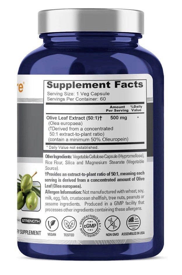 NusaPure Olive Leaf 50% Oleuropein 500 mg Per Capsule 60 Capsules 60 Servings